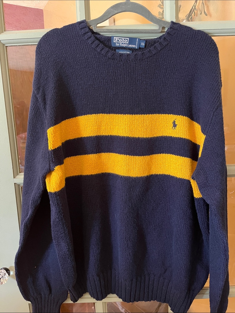 Polo by Ralph Lauren Navy Crewneck Sweater with Gold Stripes